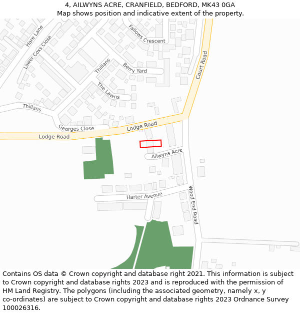 4, AILWYNS ACRE, CRANFIELD, BEDFORD, MK43 0GA: Location map and indicative extent of plot