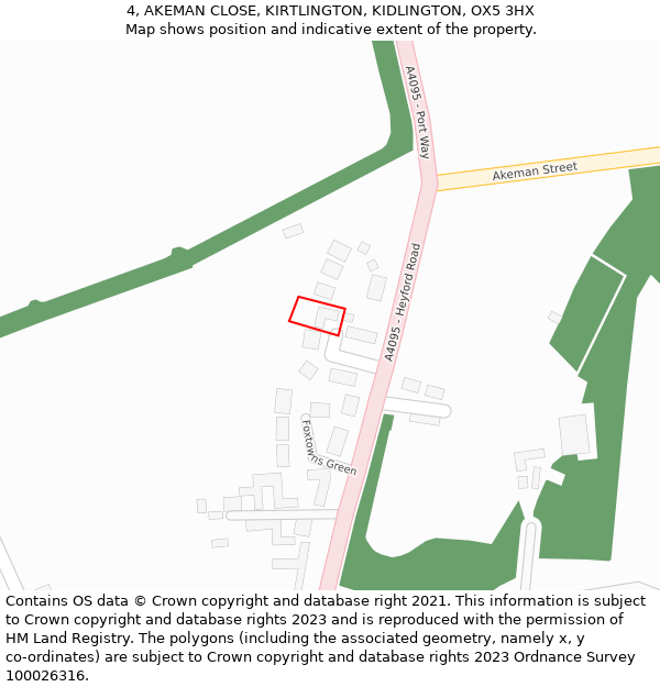 4, AKEMAN CLOSE, KIRTLINGTON, KIDLINGTON, OX5 3HX: Location map and indicative extent of plot