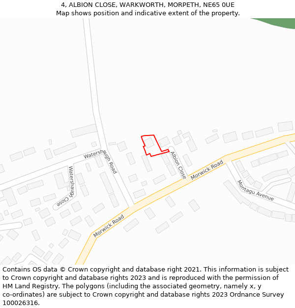 4, ALBION CLOSE, WARKWORTH, MORPETH, NE65 0UE: Location map and indicative extent of plot