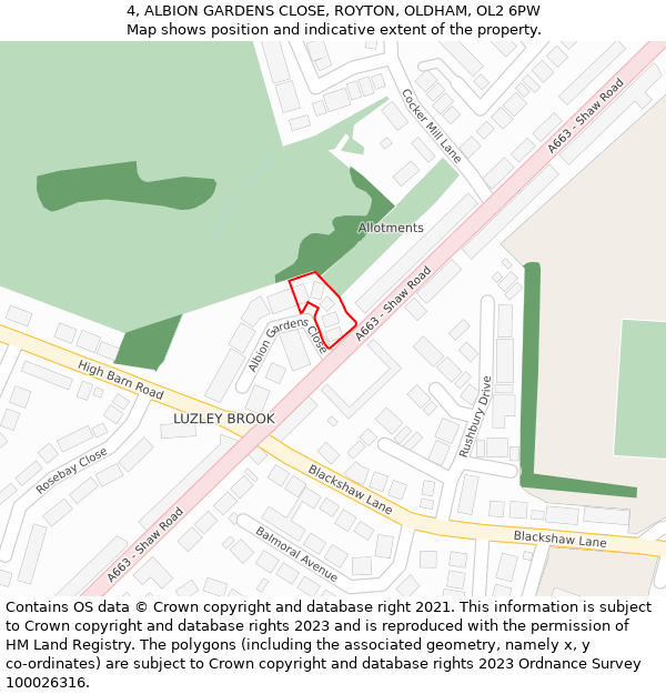 4, ALBION GARDENS CLOSE, ROYTON, OLDHAM, OL2 6PW: Location map and indicative extent of plot