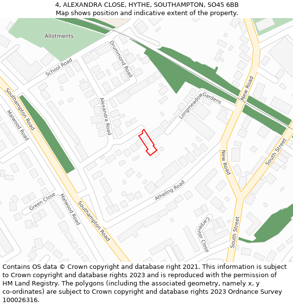 4, ALEXANDRA CLOSE, HYTHE, SOUTHAMPTON, SO45 6BB: Location map and indicative extent of plot