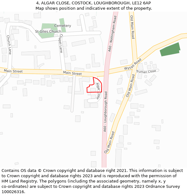 4, ALGAR CLOSE, COSTOCK, LOUGHBOROUGH, LE12 6AP: Location map and indicative extent of plot