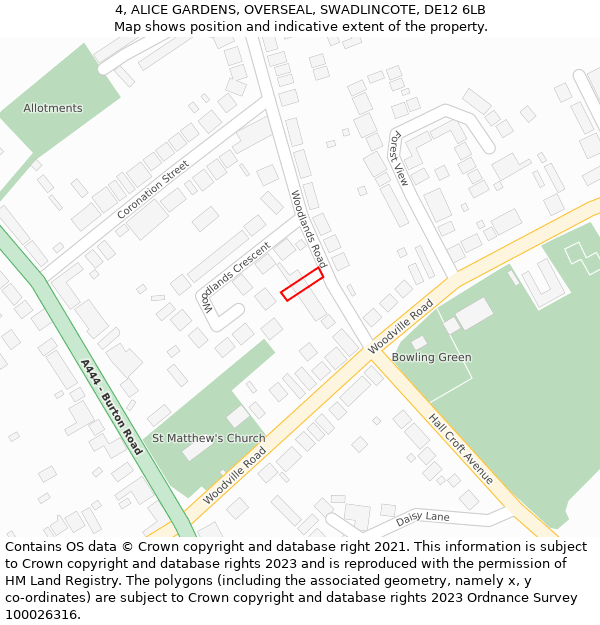 4, ALICE GARDENS, OVERSEAL, SWADLINCOTE, DE12 6LB: Location map and indicative extent of plot