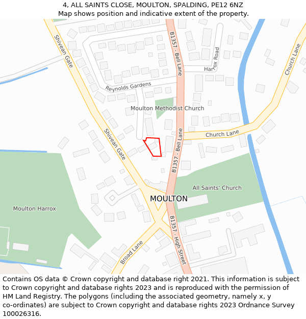 4, ALL SAINTS CLOSE, MOULTON, SPALDING, PE12 6NZ: Location map and indicative extent of plot