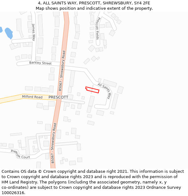 4, ALL SAINTS WAY, PRESCOTT, SHREWSBURY, SY4 2FE: Location map and indicative extent of plot