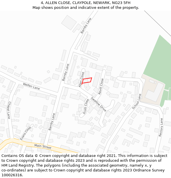 4, ALLEN CLOSE, CLAYPOLE, NEWARK, NG23 5FH: Location map and indicative extent of plot