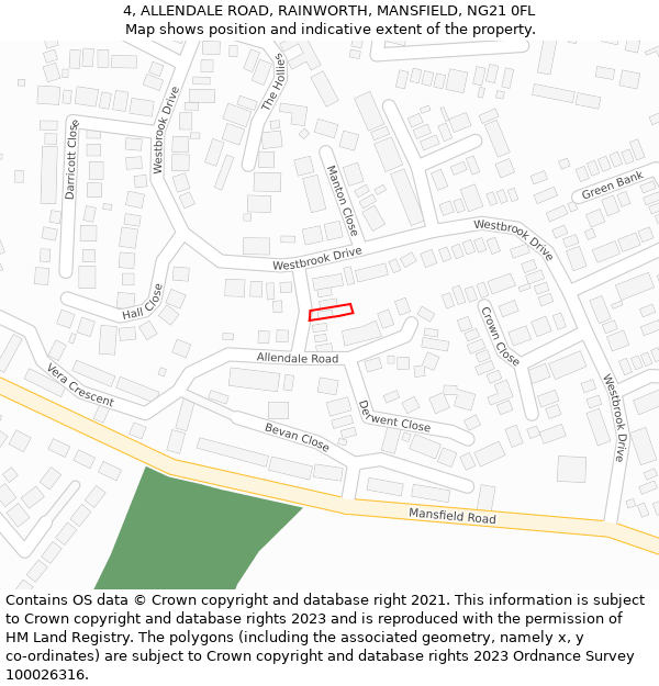4, ALLENDALE ROAD, RAINWORTH, MANSFIELD, NG21 0FL: Location map and indicative extent of plot