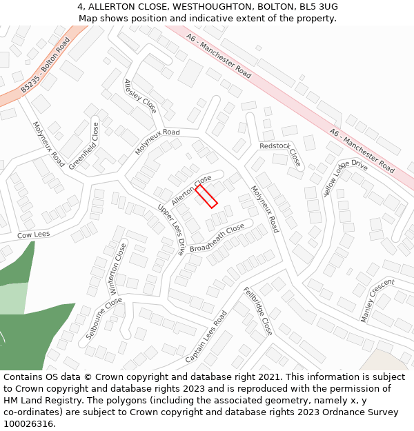 4, ALLERTON CLOSE, WESTHOUGHTON, BOLTON, BL5 3UG: Location map and indicative extent of plot
