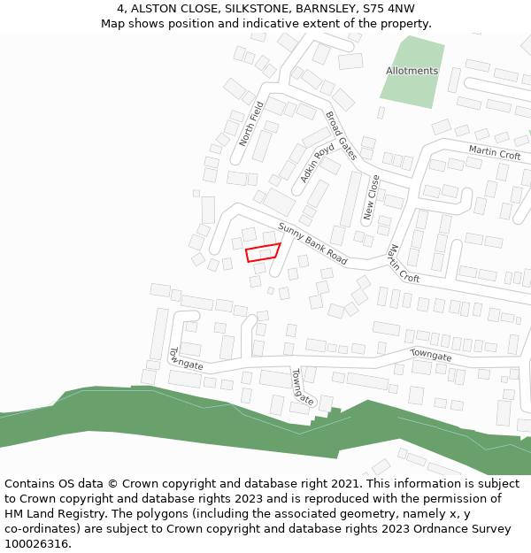 4, ALSTON CLOSE, SILKSTONE, BARNSLEY, S75 4NW: Location map and indicative extent of plot