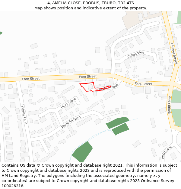 4, AMELIA CLOSE, PROBUS, TRURO, TR2 4TS: Location map and indicative extent of plot