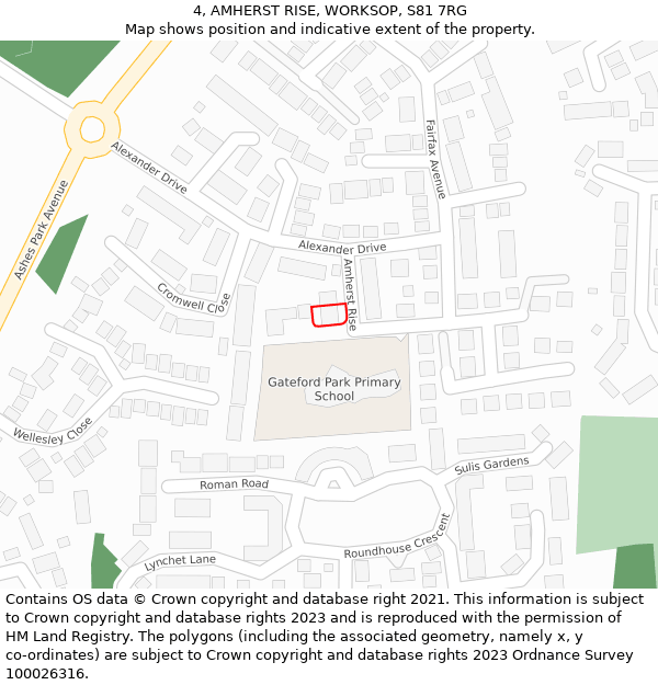 4, AMHERST RISE, WORKSOP, S81 7RG: Location map and indicative extent of plot