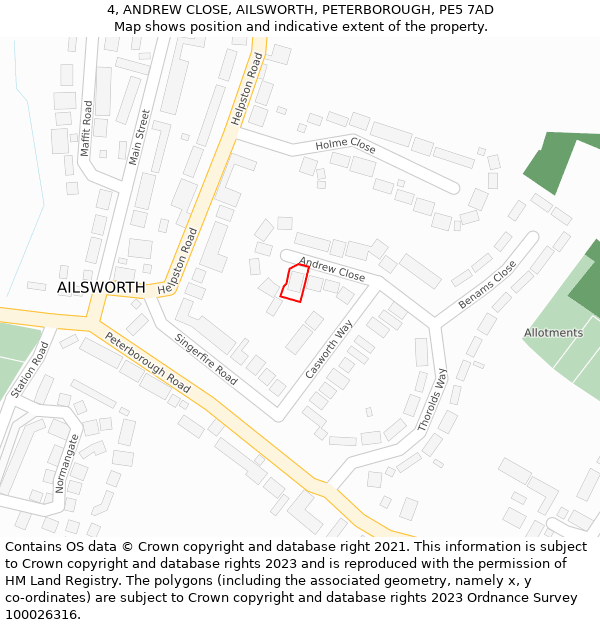 4, ANDREW CLOSE, AILSWORTH, PETERBOROUGH, PE5 7AD: Location map and indicative extent of plot