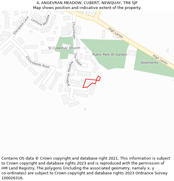 4, ANGEVRAN MEADOW, CUBERT, NEWQUAY, TR8 5JP: Location map and indicative extent of plot