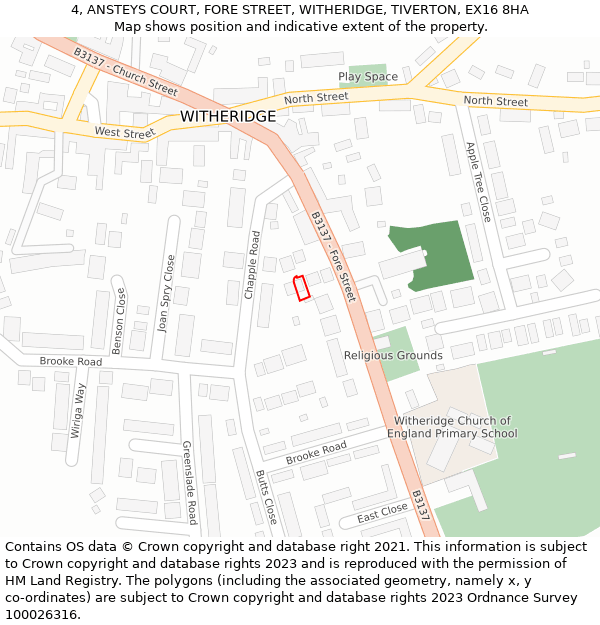 4, ANSTEYS COURT, FORE STREET, WITHERIDGE, TIVERTON, EX16 8HA: Location map and indicative extent of plot