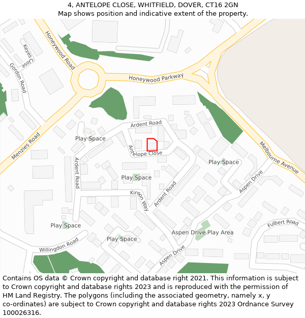 4, ANTELOPE CLOSE, WHITFIELD, DOVER, CT16 2GN: Location map and indicative extent of plot