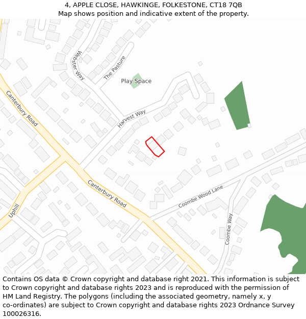 4, APPLE CLOSE, HAWKINGE, FOLKESTONE, CT18 7QB: Location map and indicative extent of plot