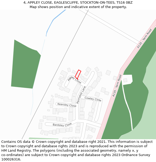 4, APPLEY CLOSE, EAGLESCLIFFE, STOCKTON-ON-TEES, TS16 0BZ: Location map and indicative extent of plot