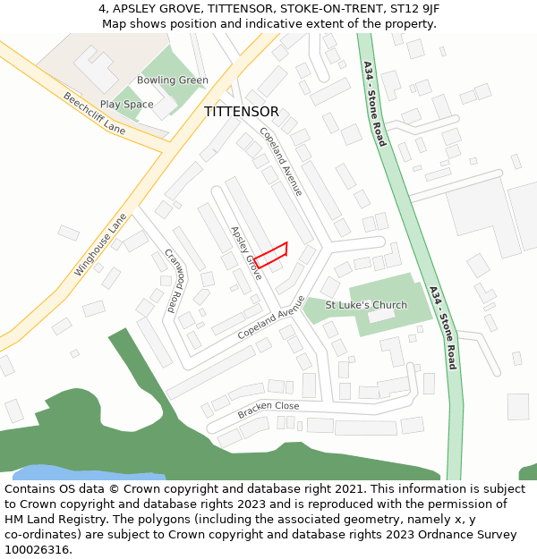 4, APSLEY GROVE, TITTENSOR, STOKE-ON-TRENT, ST12 9JF: Location map and indicative extent of plot