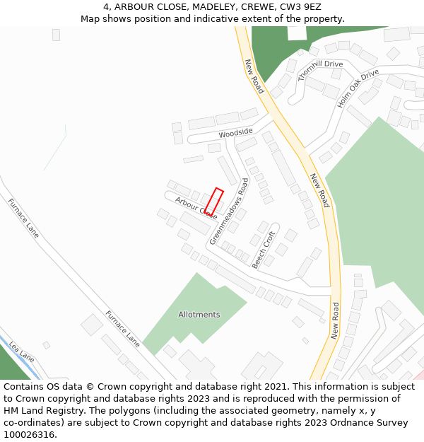 4, ARBOUR CLOSE, MADELEY, CREWE, CW3 9EZ: Location map and indicative extent of plot