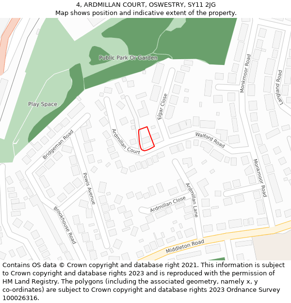 4, ARDMILLAN COURT, OSWESTRY, SY11 2JG: Location map and indicative extent of plot