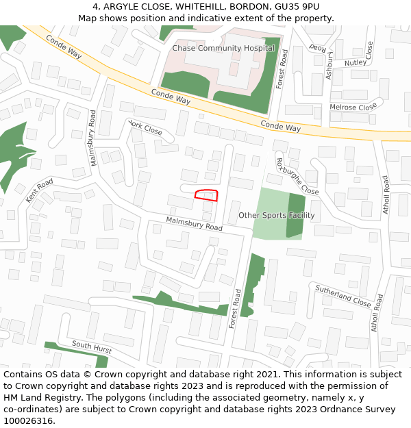 4, ARGYLE CLOSE, WHITEHILL, BORDON, GU35 9PU: Location map and indicative extent of plot