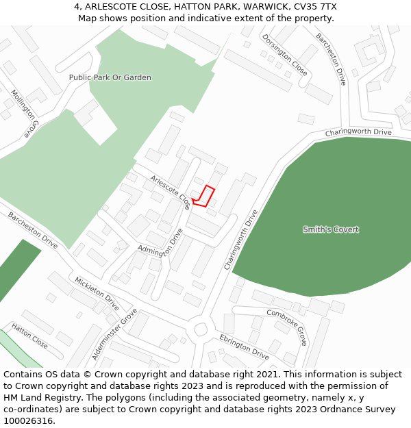 4, ARLESCOTE CLOSE, HATTON PARK, WARWICK, CV35 7TX: Location map and indicative extent of plot
