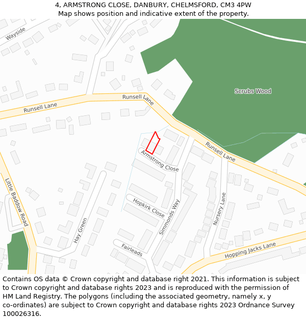 4, ARMSTRONG CLOSE, DANBURY, CHELMSFORD, CM3 4PW: Location map and indicative extent of plot