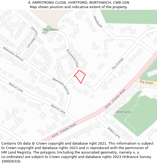 4, ARMSTRONG CLOSE, HARTFORD, NORTHWICH, CW8 1GN: Location map and indicative extent of plot