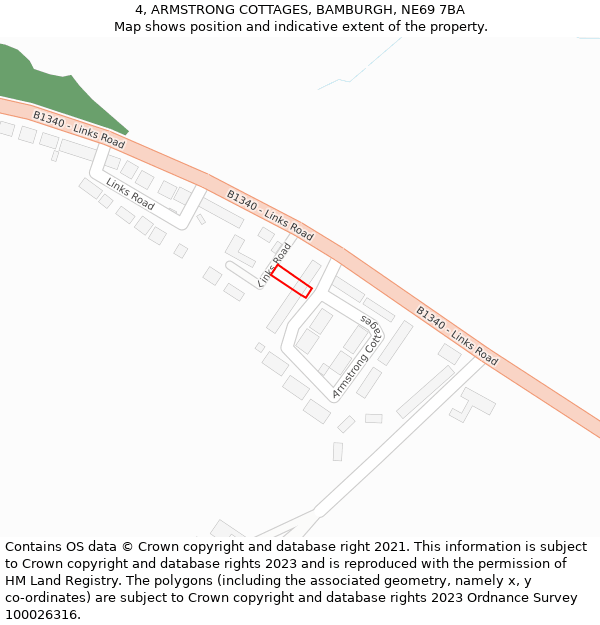 4, ARMSTRONG COTTAGES, BAMBURGH, NE69 7BA: Location map and indicative extent of plot