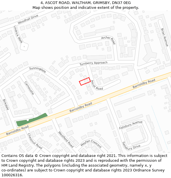 4, ASCOT ROAD, WALTHAM, GRIMSBY, DN37 0EG: Location map and indicative extent of plot