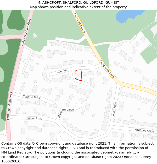 4, ASHCROFT, SHALFORD, GUILDFORD, GU4 8JT: Location map and indicative extent of plot