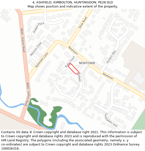 4, ASHFIELD, KIMBOLTON, HUNTINGDON, PE28 0LD: Location map and indicative extent of plot