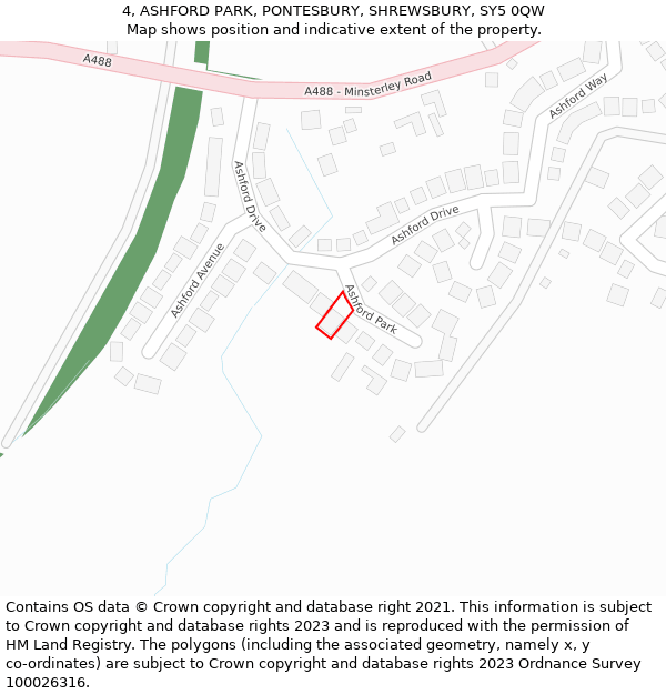 4, ASHFORD PARK, PONTESBURY, SHREWSBURY, SY5 0QW: Location map and indicative extent of plot