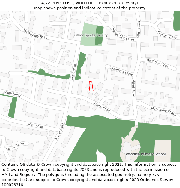 4, ASPEN CLOSE, WHITEHILL, BORDON, GU35 9QT: Location map and indicative extent of plot