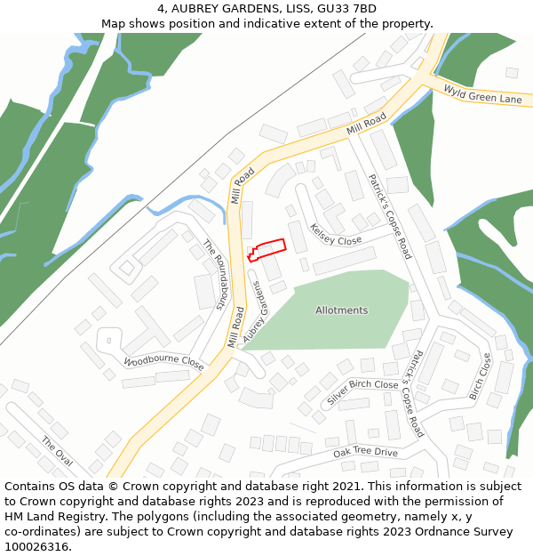 4, AUBREY GARDENS, LISS, GU33 7BD: Location map and indicative extent of plot