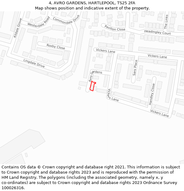 4, AVRO GARDENS, HARTLEPOOL, TS25 2FA: Location map and indicative extent of plot
