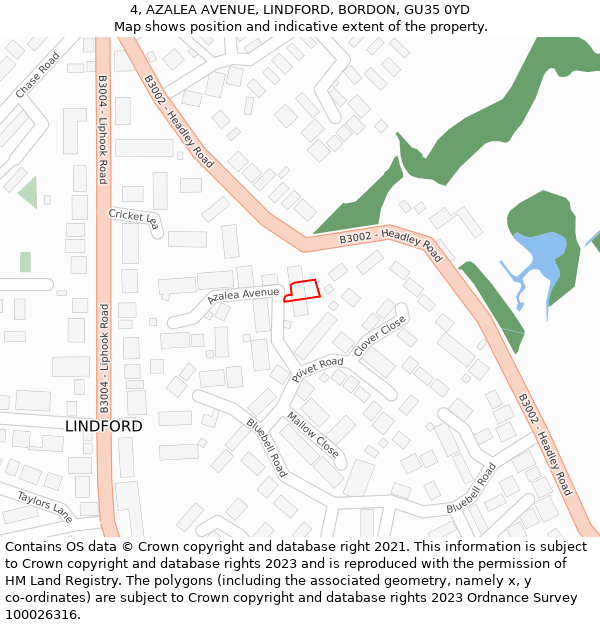 4, AZALEA AVENUE, LINDFORD, BORDON, GU35 0YD: Location map and indicative extent of plot