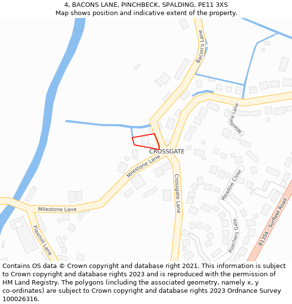 4, BACONS LANE, PINCHBECK, SPALDING, PE11 3XS: Location map and indicative extent of plot