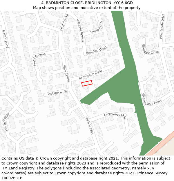 4, BADMINTON CLOSE, BRIDLINGTON, YO16 6GD: Location map and indicative extent of plot