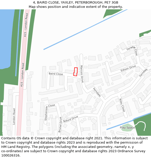 4, BAIRD CLOSE, YAXLEY, PETERBOROUGH, PE7 3GB: Location map and indicative extent of plot