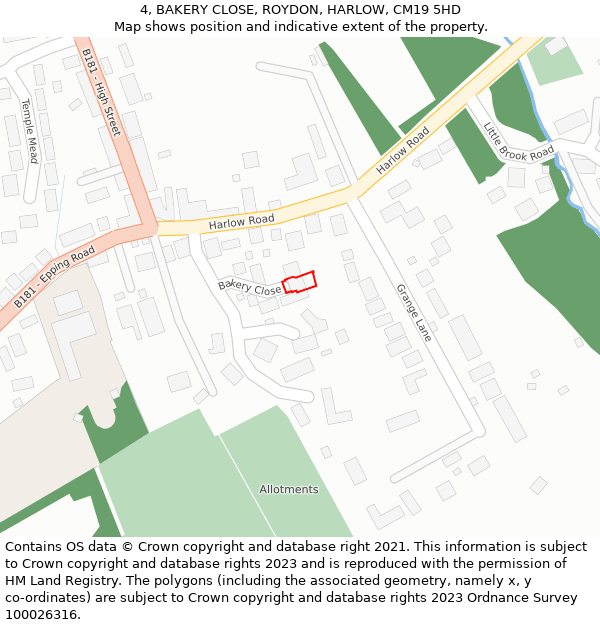 4, BAKERY CLOSE, ROYDON, HARLOW, CM19 5HD: Location map and indicative extent of plot