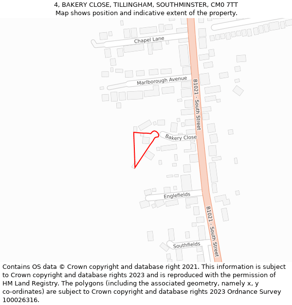 4, BAKERY CLOSE, TILLINGHAM, SOUTHMINSTER, CM0 7TT: Location map and indicative extent of plot