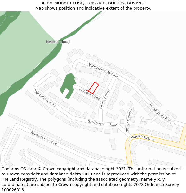 4, BALMORAL CLOSE, HORWICH, BOLTON, BL6 6NU: Location map and indicative extent of plot