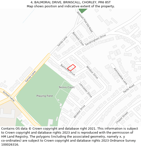 4, BALMORAL DRIVE, BRINSCALL, CHORLEY, PR6 8ST: Location map and indicative extent of plot