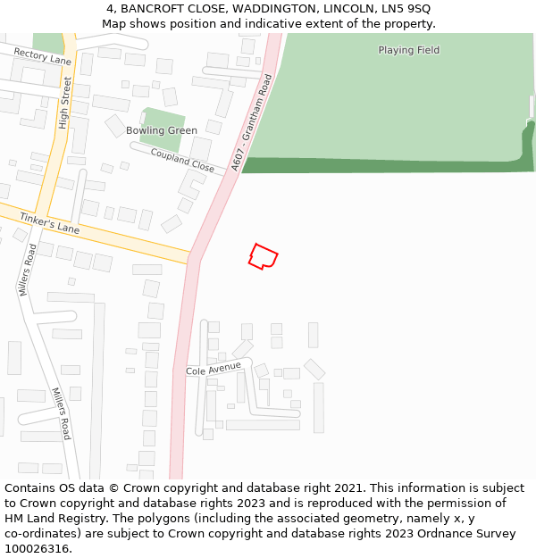 4, BANCROFT CLOSE, WADDINGTON, LINCOLN, LN5 9SQ: Location map and indicative extent of plot