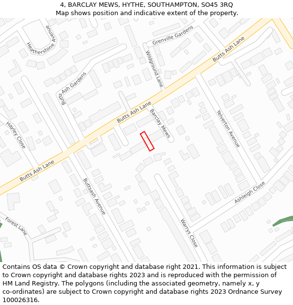 4, BARCLAY MEWS, HYTHE, SOUTHAMPTON, SO45 3RQ: Location map and indicative extent of plot