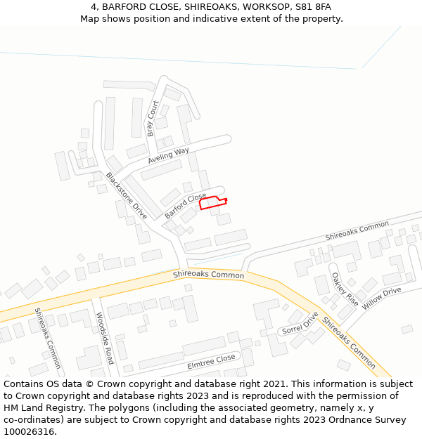 4, BARFORD CLOSE, SHIREOAKS, WORKSOP, S81 8FA: Location map and indicative extent of plot