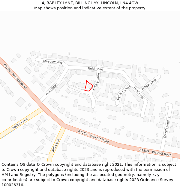 4, BARLEY LANE, BILLINGHAY, LINCOLN, LN4 4GW: Location map and indicative extent of plot