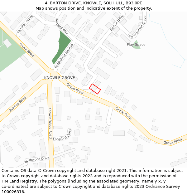 4, BARTON DRIVE, KNOWLE, SOLIHULL, B93 0PE: Location map and indicative extent of plot