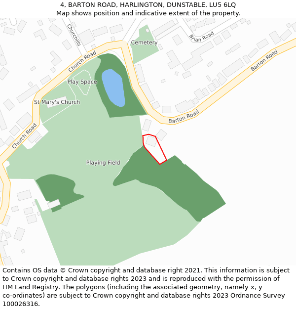 4, BARTON ROAD, HARLINGTON, DUNSTABLE, LU5 6LQ: Location map and indicative extent of plot